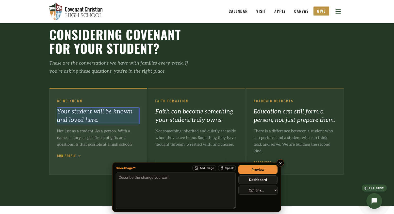 A live client website with the DirectPage editor open and a headline selected for editing