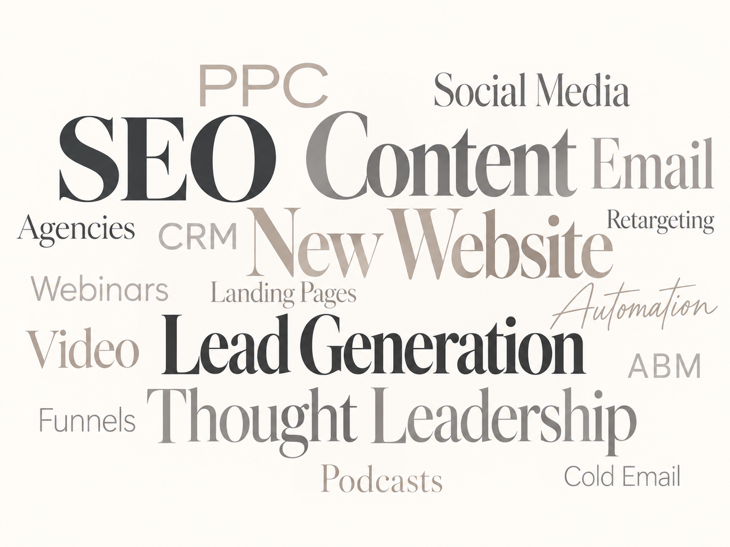Faint layered words showing marketing tactics including SEO, PPC, content, email, new website, lead generation, thought leadership, automation, CRM, ABM, webinars, funnels, podcasts, and cold email.